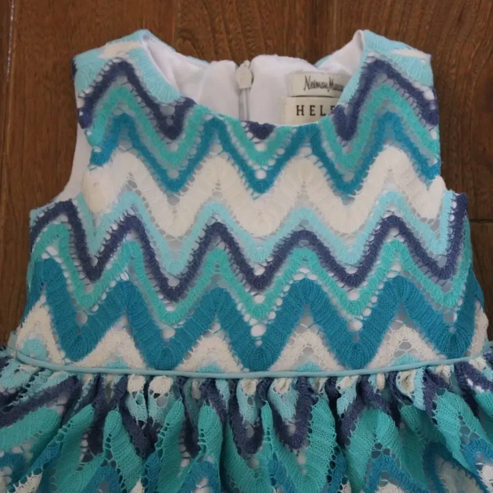 Neiman Marcus Helena Blue Chevron Lace Party‎ Dress 12M Sleeveless Zigzag Teal